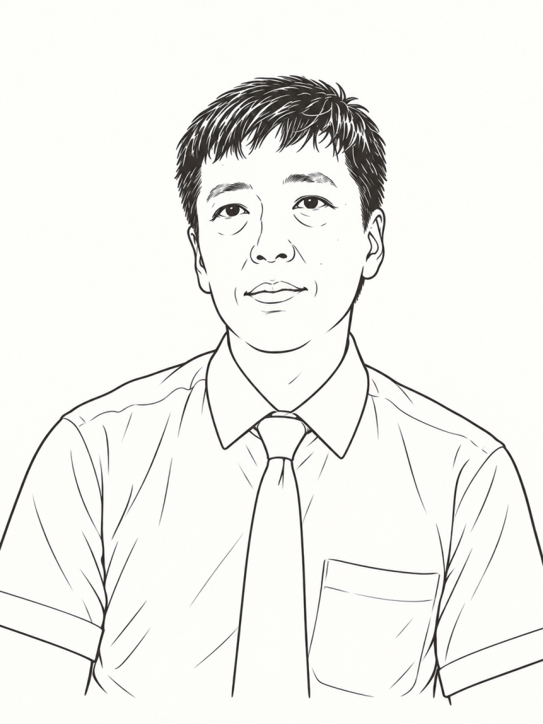 ネクタイ姿で穏やかに微笑む代表 山賀 亮の線画イラスト